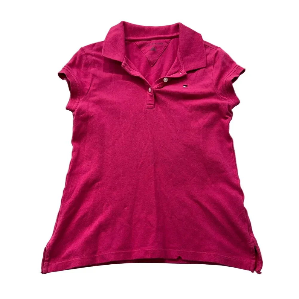 Tommy Hilfiger Girl's Hot Pink Short Sleeve Polo Shirt Classic Logo Y2K Size M